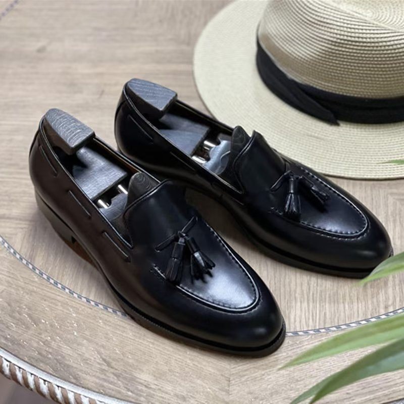 Męskie Buty Wizytowe Eleganckie Skórzane Oxford W Stylu Brogue Z Frędzlami - Czarna