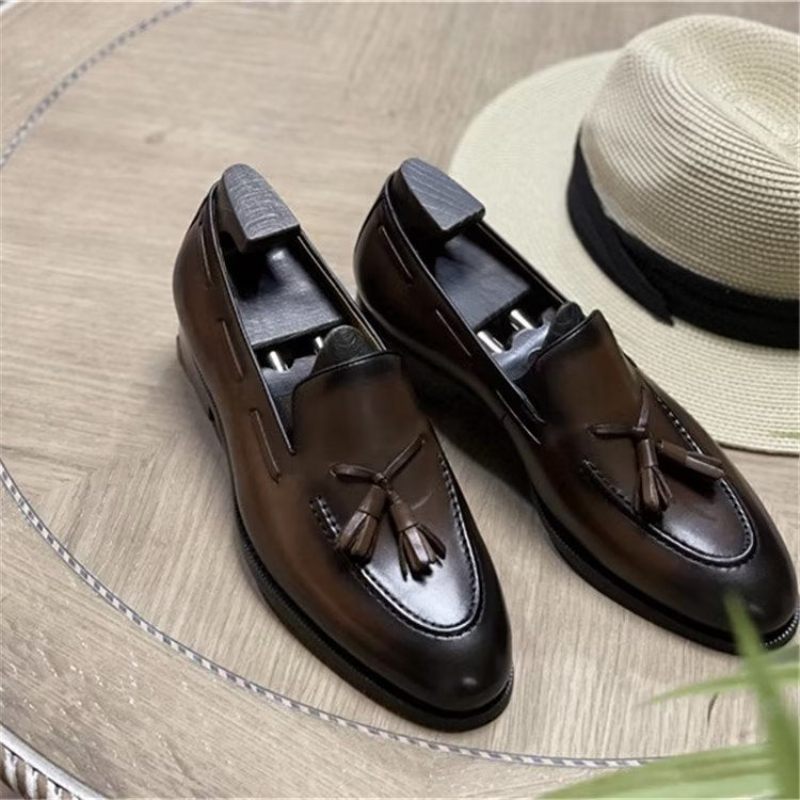 Męskie Buty Wizytowe Eleganckie Skórzane Oxford W Stylu Brogue Z Frędzlami - Kawa