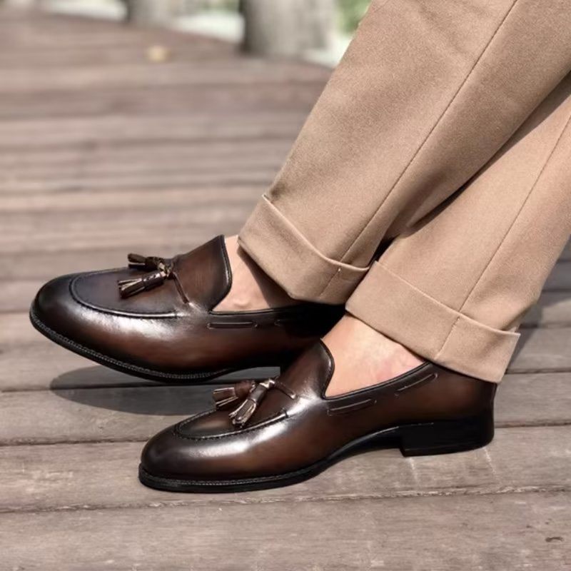 Męskie Buty Wizytowe Eleganckie Skórzane Oxford W Stylu Brogue Z Frędzlami - Kawa