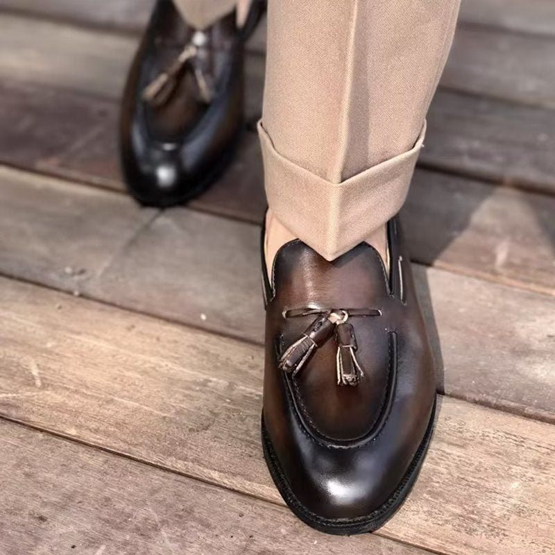 Męskie Buty Wizytowe Eleganckie Skórzane Oxford W Stylu Brogue Z Frędzlami - Kawa