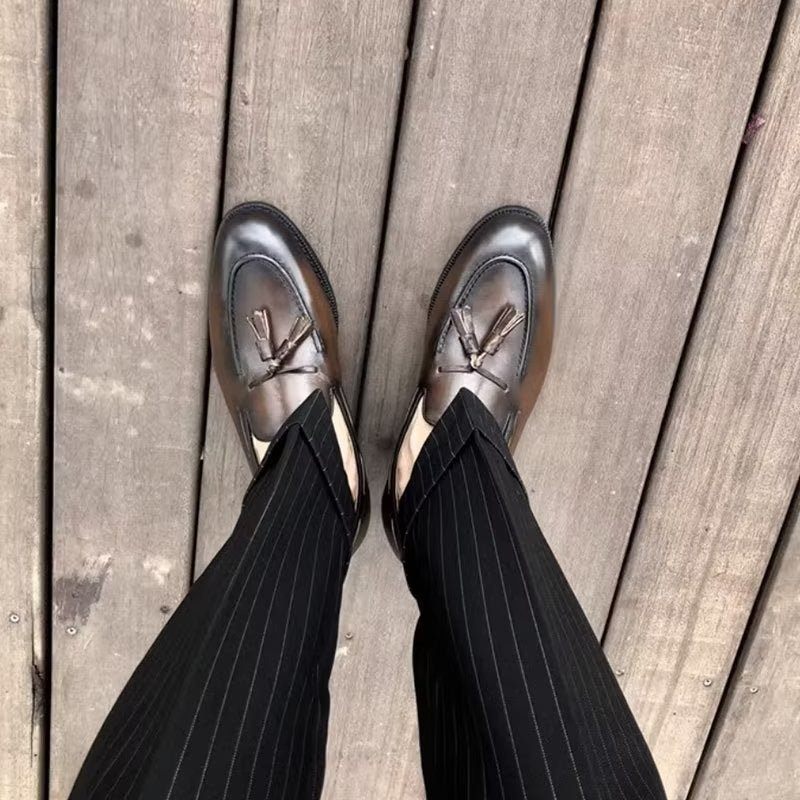 Męskie Buty Wizytowe Eleganckie Skórzane Oxford W Stylu Brogue Z Frędzlami - Kawa