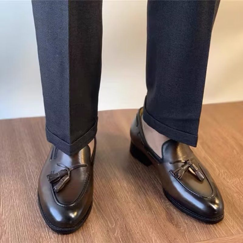 Męskie Buty Wizytowe Eleganckie Skórzane Oxford W Stylu Brogue Z Frędzlami - Kawa