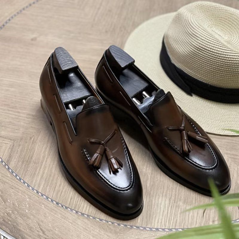 Męskie Buty Wizytowe Eleganckie Skórzane Oxford W Stylu Brogue Z Frędzlami - Kawa