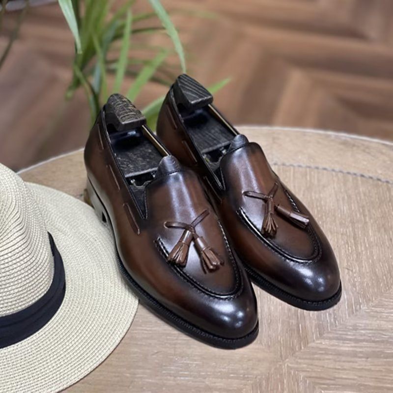 Męskie Buty Wizytowe Eleganckie Skórzane Oxford W Stylu Brogue Z Frędzlami - Kawa