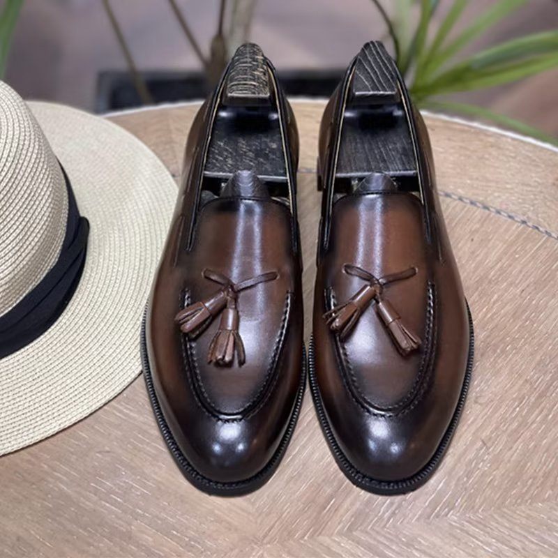 Męskie Buty Wizytowe Eleganckie Skórzane Oxford W Stylu Brogue Z Frędzlami - Kawa