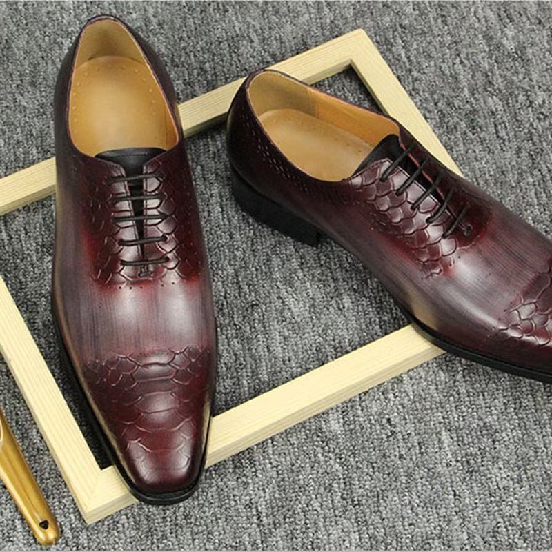 Męskie Buty Wizytowe Eleganckie Skórzane Ślubne Brogue - Czerwony