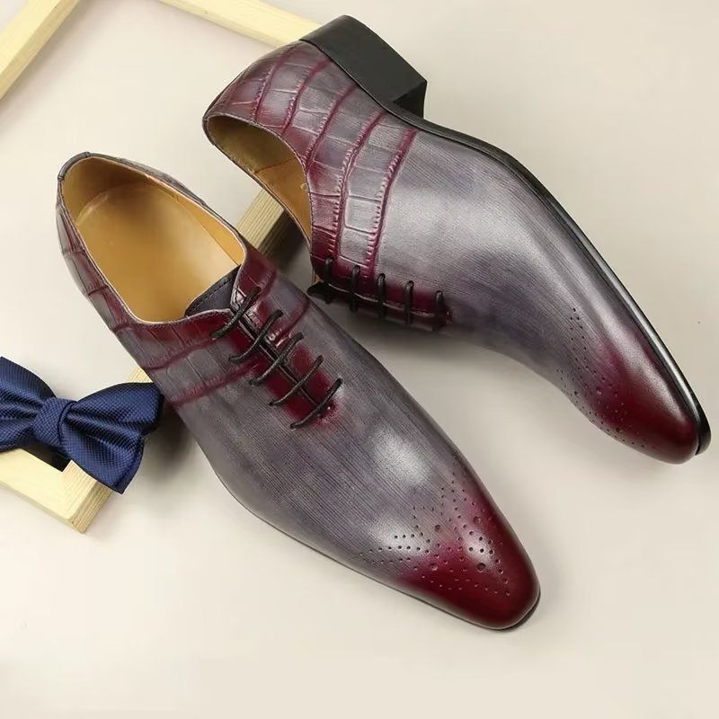 Męskie Buty Wizytowe Eleganckie Skórzane Ślubne Brogue - Czerwony