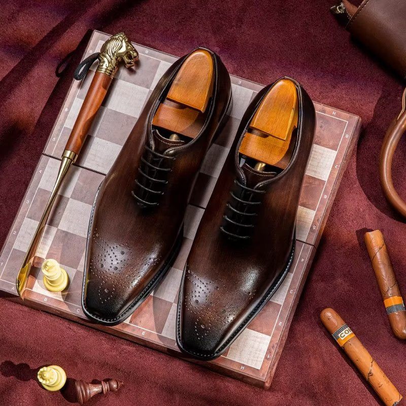 Męskie Buty Wizytowe Luksusowe Oxford Ze Skóry Bydlęcej Elegancji - Kawa