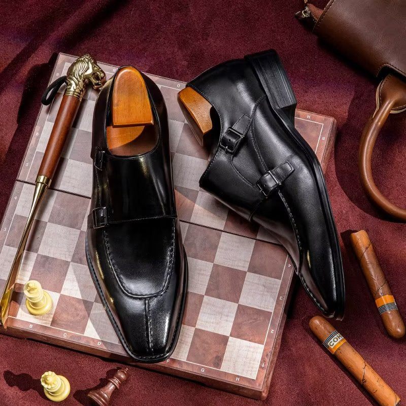 Męskie Buty Wizytowe Monkstrap Eleganckie Ze Skóry Bydlęcej - Czarna