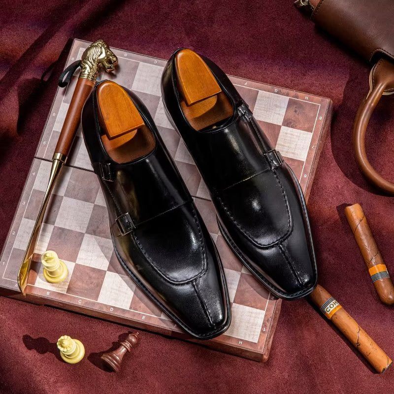 Męskie Buty Wizytowe Monkstrap Eleganckie Ze Skóry Bydlęcej - Czarna