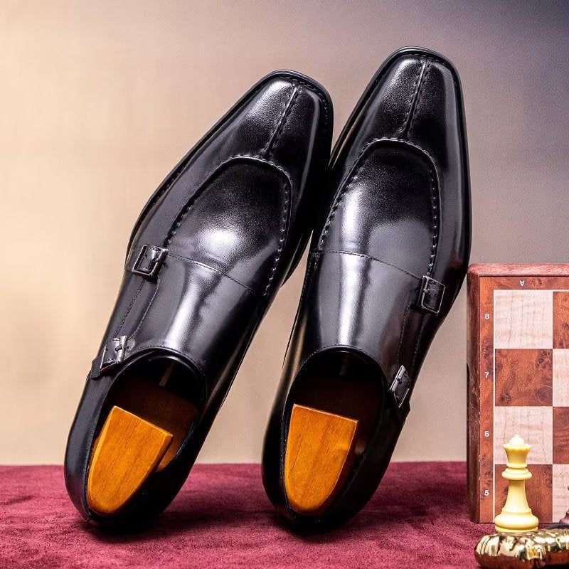 Męskie Buty Wizytowe Monkstrap Eleganckie Ze Skóry Bydlęcej - Czarna