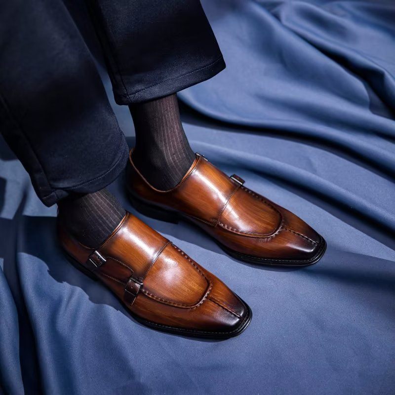 Męskie Buty Wizytowe Monkstrap Eleganckie Ze Skóry Bydlęcej - Kawa