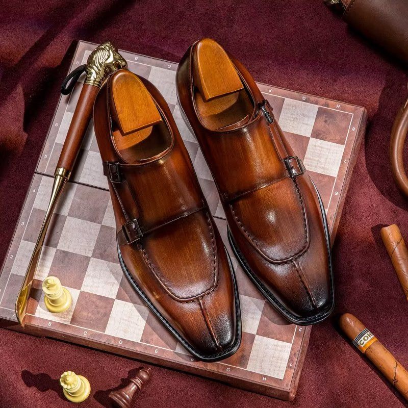 Męskie Buty Wizytowe Monkstrap Eleganckie Ze Skóry Bydlęcej - Kawa