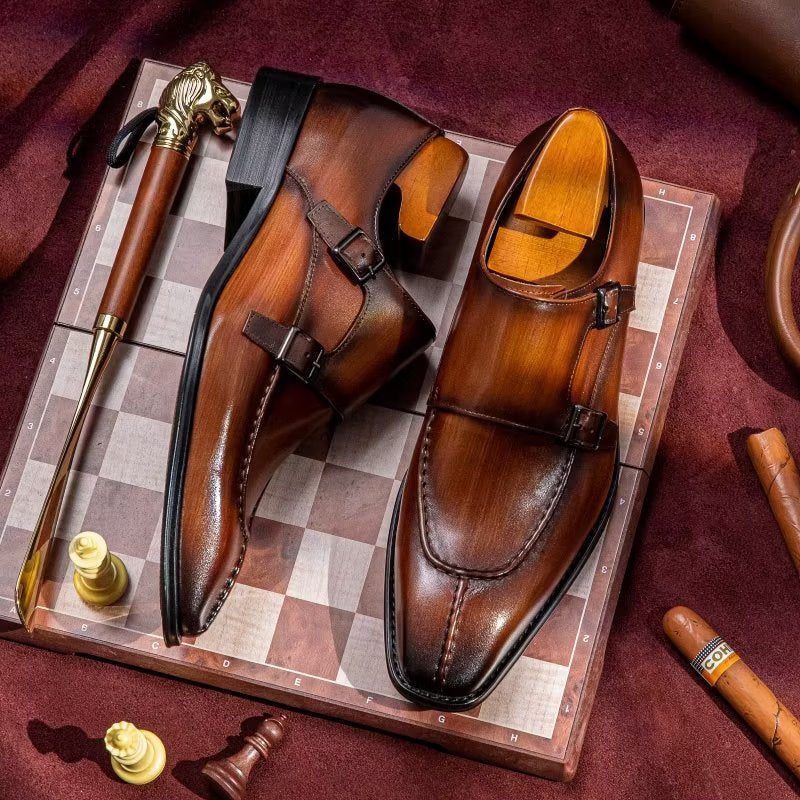 Męskie Buty Wizytowe Monkstrap Eleganckie Ze Skóry Bydlęcej - Kawa