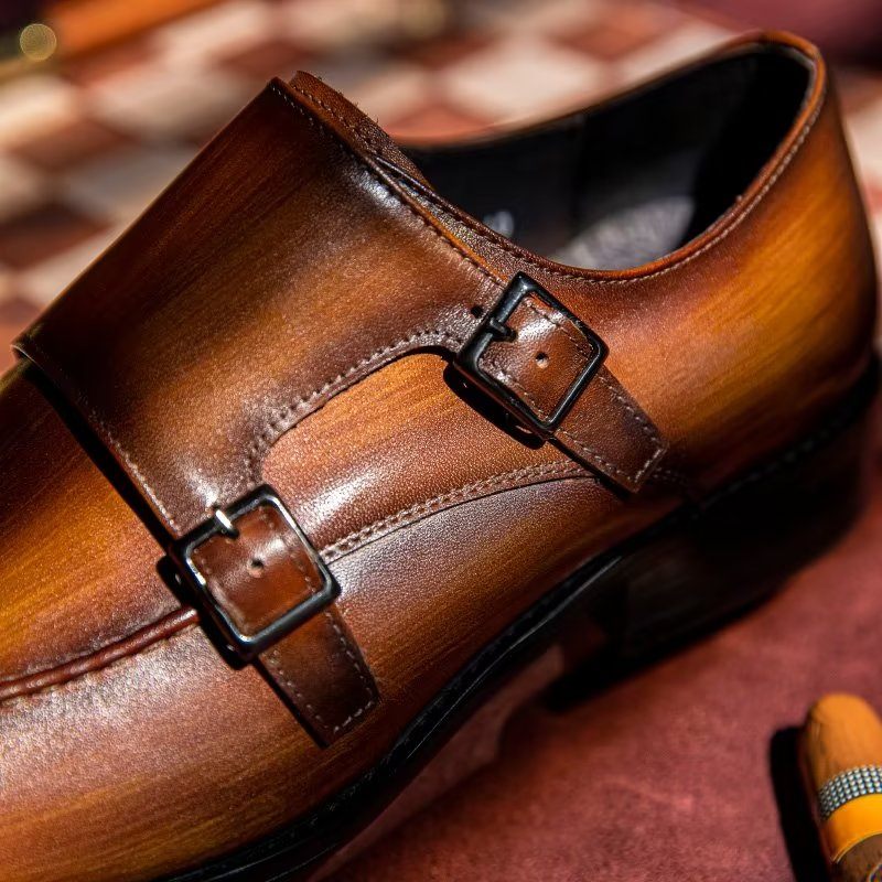 Męskie Buty Wizytowe Monkstrap Eleganckie Ze Skóry Bydlęcej - Kawa