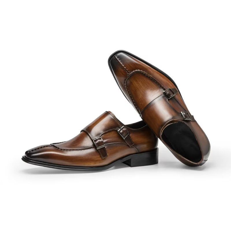 Męskie Buty Wizytowe Monkstrap Eleganckie Ze Skóry Bydlęcej - Kawa