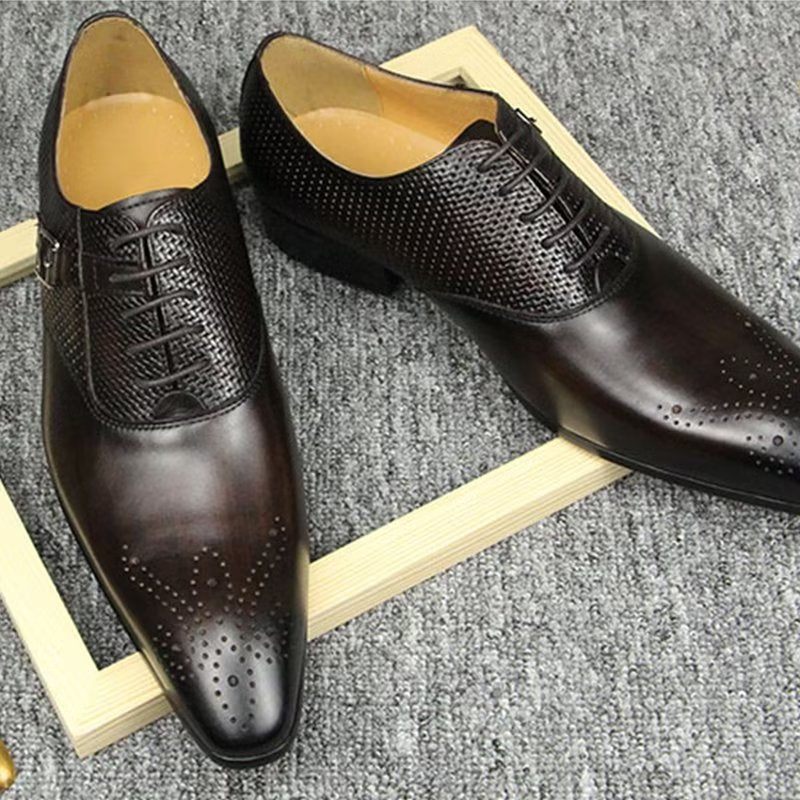 Męskie Buty Wizytowe Oryginalne Skórzane Eleganckie Ślubne Brogue - Kawa