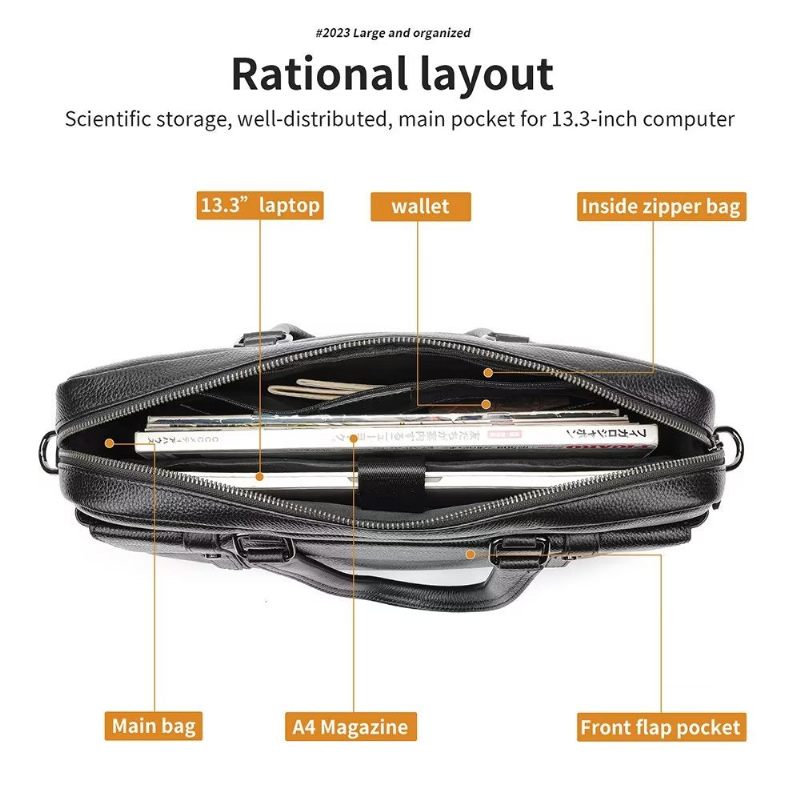 Teczki Męskie Luksusowa Skórzana Teczka Biznesowa Z Podwójną Przegródką - Czarny